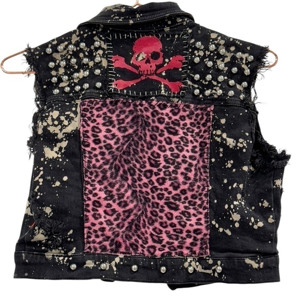 TRIPP NYC Skull Cheetah Print Denim Studded Patchwork Vest Size Small VGUC - Picture 3 of 8
